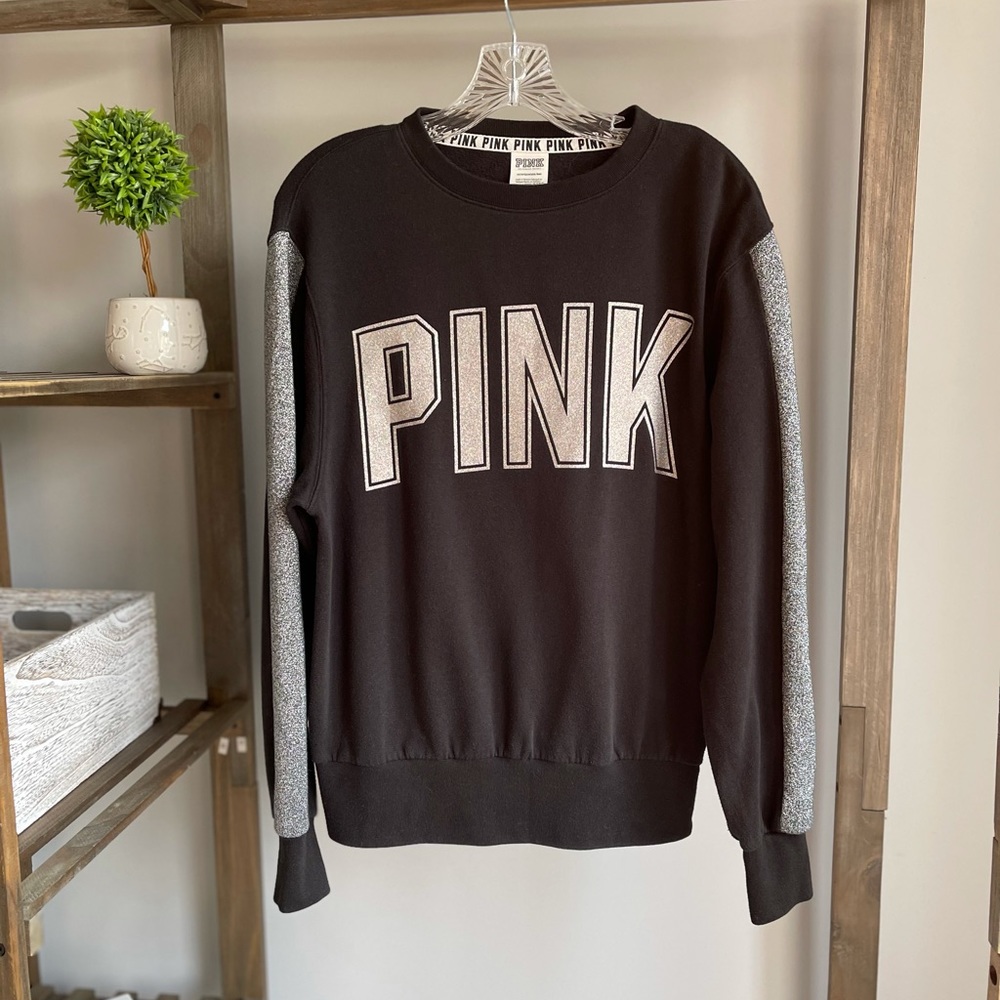 Pink Victoria Secret Glitter Crew Black Sweatshirt